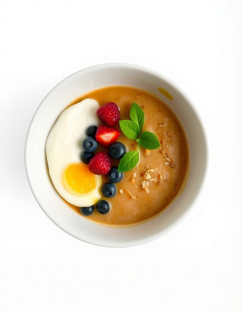 Bowl of oatmeal porridge topped with fresh berriesの写真素材