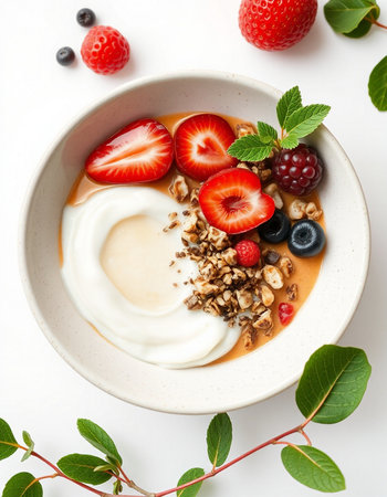 Healthy breakfast with yogurt, berries and granola on white backgroundの写真素材