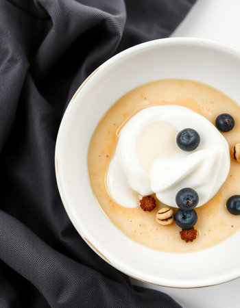 Panna cotta with whipped cream and blueberries, food closeupの写真素材