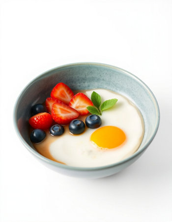 Bowl of yogurt with strawberries and blueberries on white backgroundの写真素材