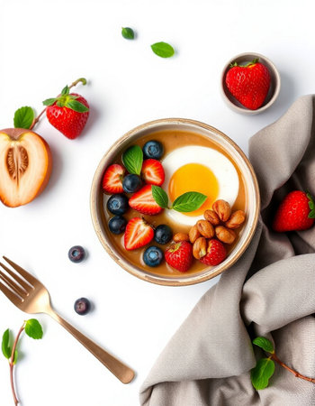 Breakfast bowl with omelet, strawberries, blueberries and nuts on white background