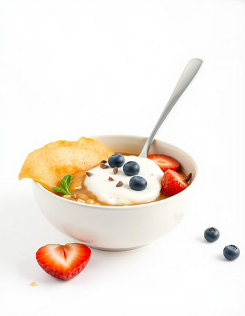 bowl of muesli with strawberries and blueberries on white background