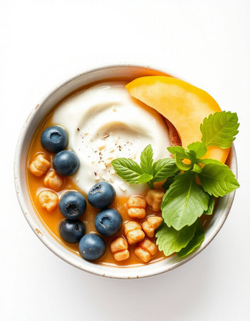 Healthy breakfast bowl with yogurt, blueberries and apricotの写真素材