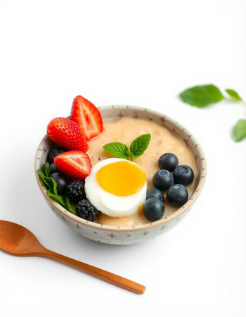 Oatmeal porridge with fresh berries and egg in bowl on white backgroundの写真素材