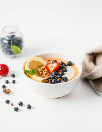 Healthy breakfast bowl with oatmeal, berries and fruits on a white backgroundの写真素材