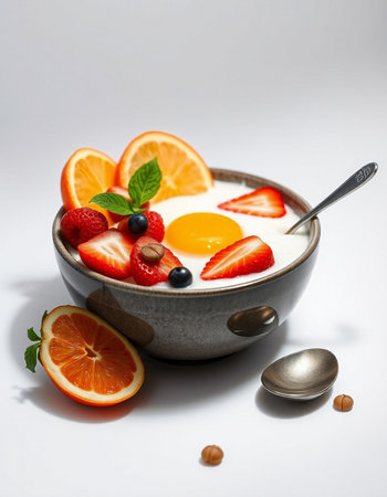 Yogurt with strawberries, blueberries and oranges in a bowl