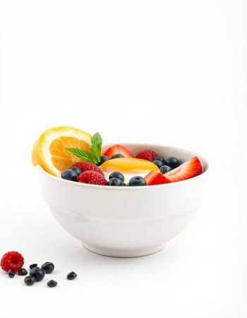 Fruit salad in a bowl isolated on white background. Healthy food.