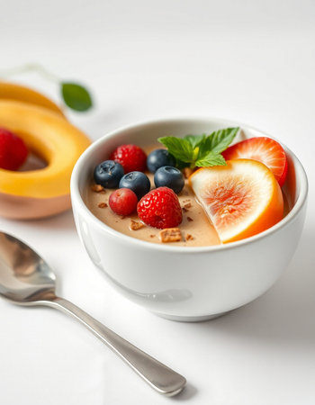 Healthy breakfast with oatmeal, berries and fruits on white backgroundの写真素材
