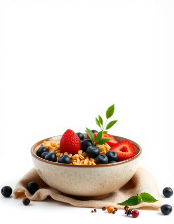 bowl of muesli with fresh berries and mint isolated on white