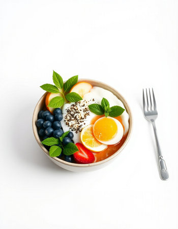 Healthy breakfast with fresh fruits and berries in a bowlの写真素材