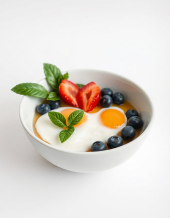 Fried eggs with blueberries and strawberries in a white bowl on a white backgroundの写真素材