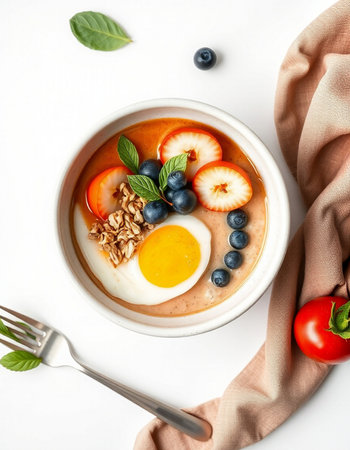 Healthy breakfast bowl. Oatmeal porridge with yogurt, fresh berries, fruits and egg on white background, top viewの写真素材
