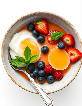 Yogurt with fresh berries and egg in bowl isolated on whiteの写真素材