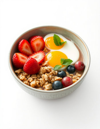 Bowl of oat granola with fresh berries on white backgroundの写真素材