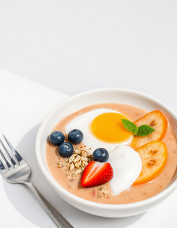 Healthy breakfast bowl with oatmeal, yogurt and berries on white backgroundの写真素材
