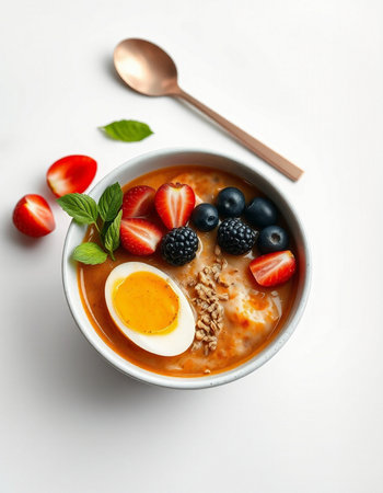 Bowl of tasty oatmeal with berries and egg on white backgroundの写真素材