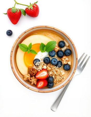 Healthy breakfast bowl with oatmeal, yogurt, berries on white backgroundの写真素材