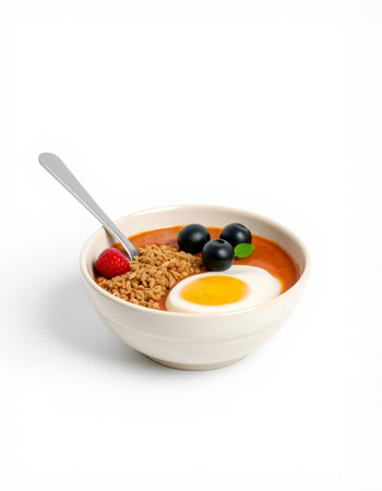 Healthy breakfast with oatmeal, fresh berries and egg on white backgroundの写真素材