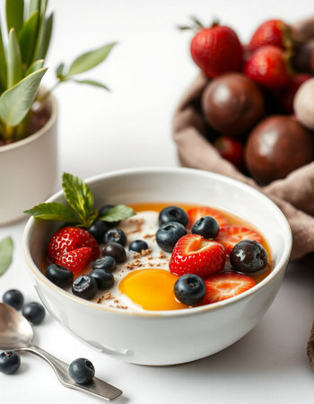 Healthy breakfast with omelet and fresh berries on white backgroundの写真素材