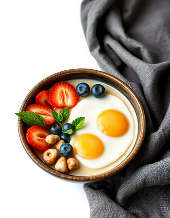 Breakfast with eggs, strawberries and blueberries in a bowl.の写真素材
