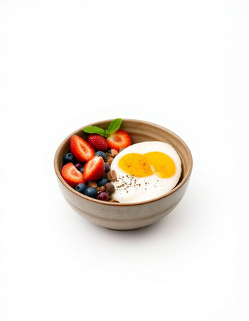 Healthy breakfast with oatmeal, strawberry, blueberry and egg on white backgroundの写真素材