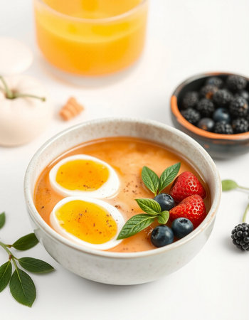 Bowl with tasty berry soup on white table, closeupの写真素材