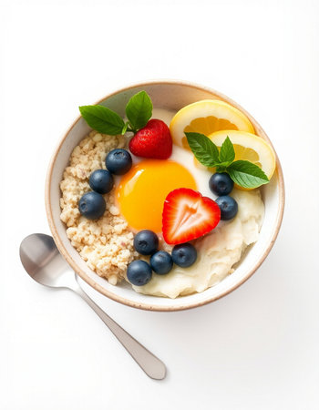 Oatmeal porridge with fresh berries and egg isolated on white backgroundの写真素材