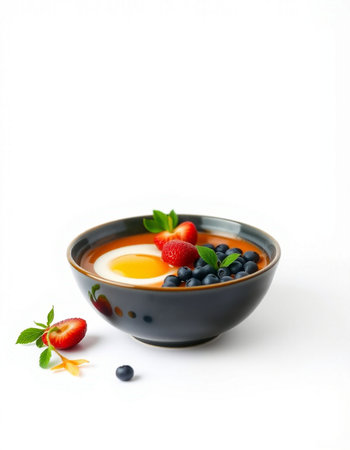 Yogurt with blueberries and strawberries in a bowl on a white backgroundの写真素材