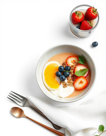 Healthy breakfast with yogurt and fresh berries on white background, top viewの写真素材