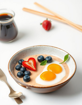 Oatmeal porridge with strawberries and blueberries on white backgroundの写真素材
