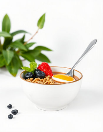 Healthy breakfast - bowl of muesli with fresh berries on white backgroundの写真素材