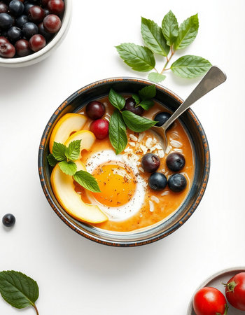 Healthy breakfast bowl with omelet and berries on white backgroundの写真素材