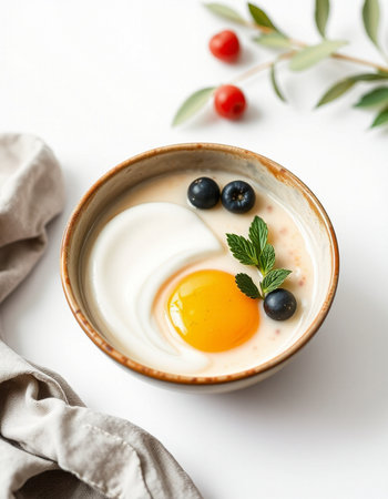 Greek yogurt with egg yolk and blueberries on a white backgroundの写真素材