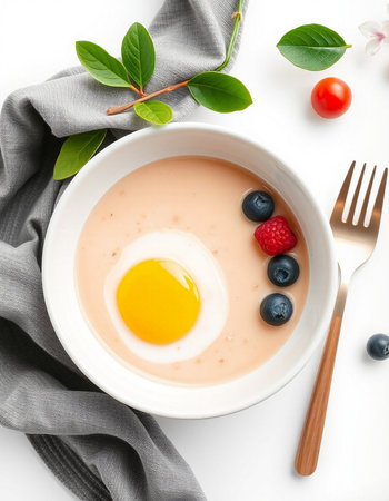 Bowl with tasty omelet and fresh berries on white background