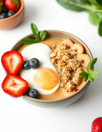 Healthy breakfast bowl with oatmeal, yogurt, berries and granola
