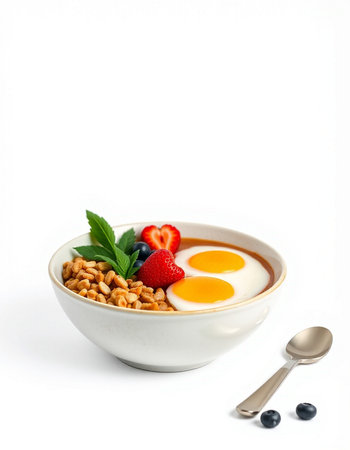 Healthy breakfast bowl with oatmeal, berries, eggs and milk isolated on white backgroundの写真素材