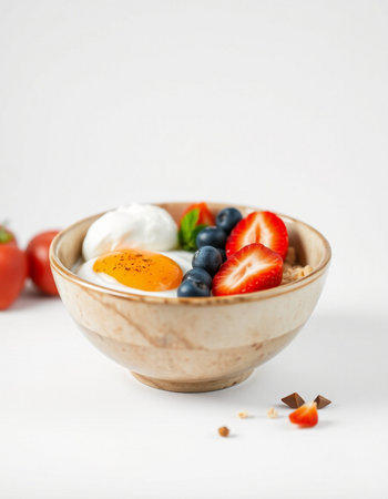 Healthy breakfast with fresh berries and soft-boiled egg in bowl on white backgroundの写真素材