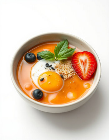 Healthy breakfast bowl with omelet and berries on white backgroundの写真素材