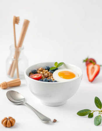 Healthy breakfast with muesli, yogurt and fresh berries on white background
