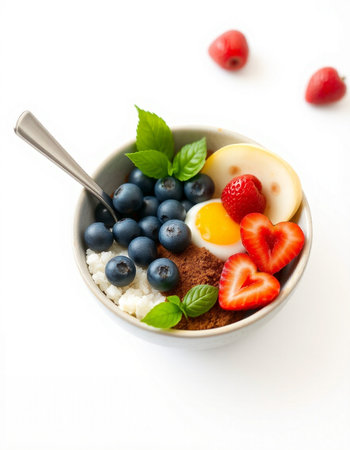 Breakfast with oatmeal, berries, eggs and mint on white backgroundの写真素材