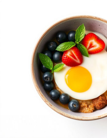Fried eggs with fresh berries in a bowl on a white backgroundの写真素材