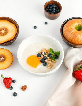 Healthy breakfast with oatmeal, berries, fruits on white backgroundの写真素材