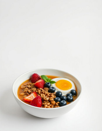 Healthy breakfast bowl with strawberries, blueberries and granola on white backgroundの写真素材