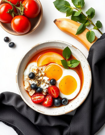 Healthy breakfast bowl with eggs, strawberries, blueberries and cheeseの写真素材