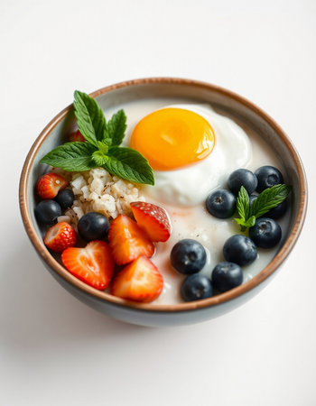 Bowl of oatmeal porridge with fresh berries and fried eggの写真素材