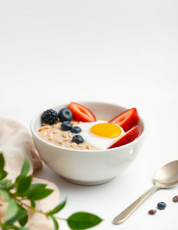 Healthy breakfast with oatmeal, berries and egg on white backgroundの写真素材