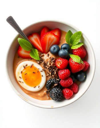 Healthy breakfast bowl with berries and eggs on white background