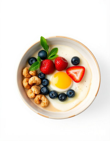 Cereal bowl with fresh berries and egg isolated on white backgroundの写真素材