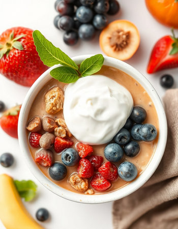 Bowl of tasty oatmeal with berries and yogurt on white backgroundの写真素材