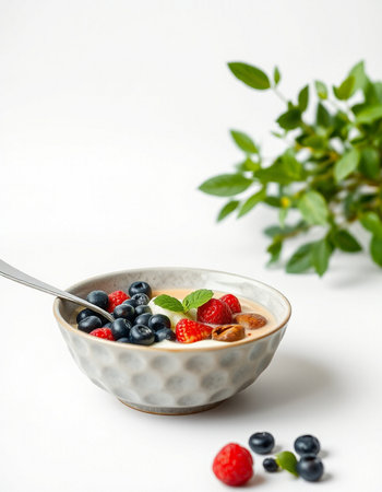 Yogurt with fresh blueberries and raspberries in a bowl on white backgroundの写真素材